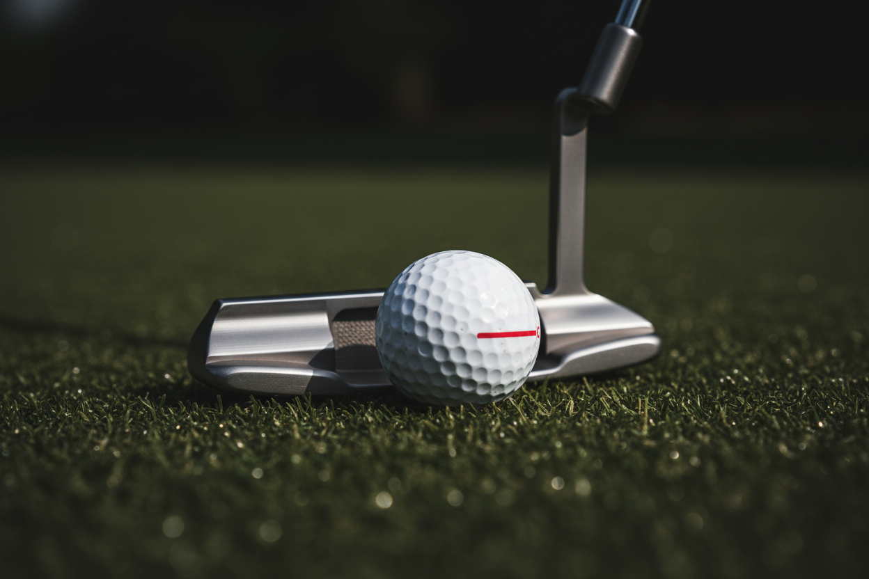 Close-up of a golf putter striking a ball on a putting green turf