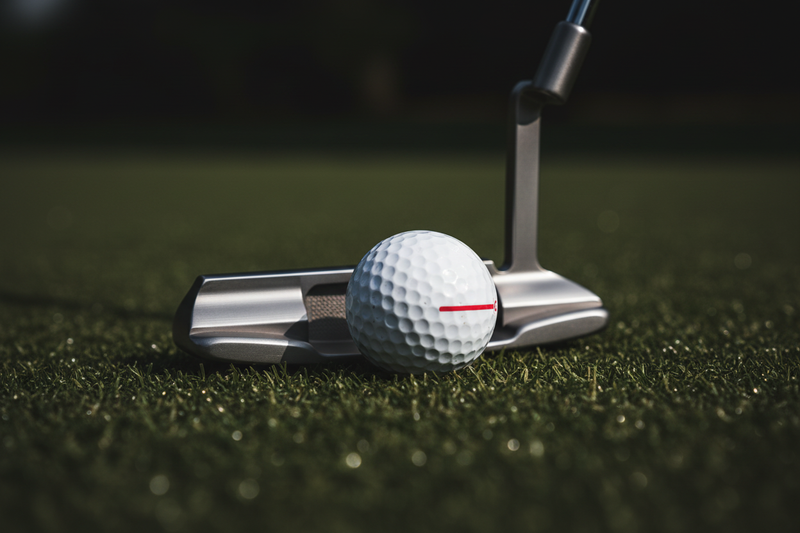 Close-up of a golf putter striking a ball on a putting green turf
