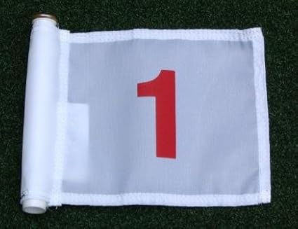 Set of Red Numbered #1, #2, #3, #4, and #5 each printed on a solid White Jr. (8" L x 6" H) 400 Denier Pin Marker Flag For Golf & Putting Green Applications