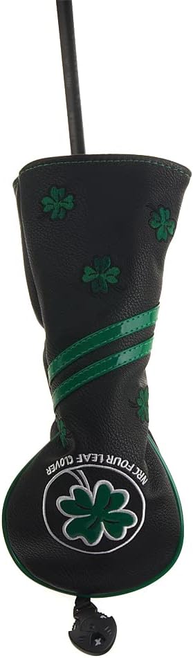 GOOACTION Golf Club Fairway Wood Head Cover with Green Lucky Four-Leaf Clover Creative Embroidery Pattern Synthetic Leather Black Golf Clubs Headcovers (2.3.4.5.7.X)