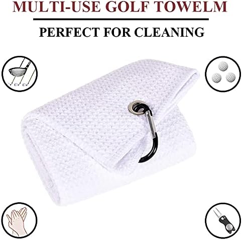 VIVIDLY 2 Pack 16" x 24" Tri-fold Golf Towels, Premium Microfiber Fabric Waffle Pattern with White Heavy Duty Carabiner Clip, Orange Golf Towels for Golf Bags for Men (White)