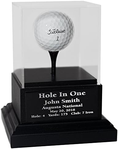 Acrylic Hole in One Golf Ball Display with Wood Base | Includes Engraved Plate | Cherry or Black Base | Removable Top | Made in The USA