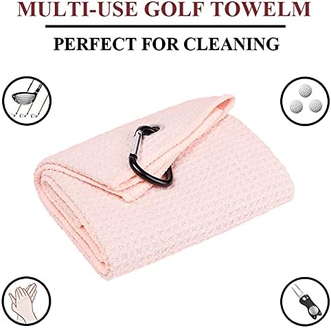 VIVIDLY 2 Pack Tri-fold Golf Towels, Premium Microfiber Fabric Waffle Pattern with Black Heavy Duty Carabiner Clip, Pink Golf Towels for Golf Bags for Men (Pink)