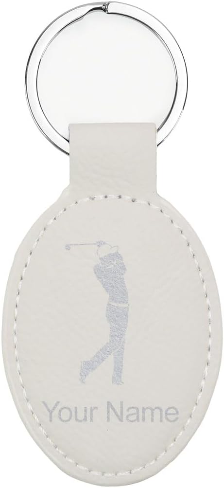 LaserGram Oval Keychain, Golfer Golfing, Personalized Engraving Included (White with Silver)