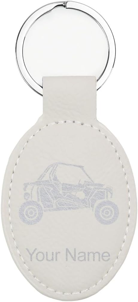 LaserGram Oval Keychain, Off Road Racer, Personalized Engraving Included (White with Silver)