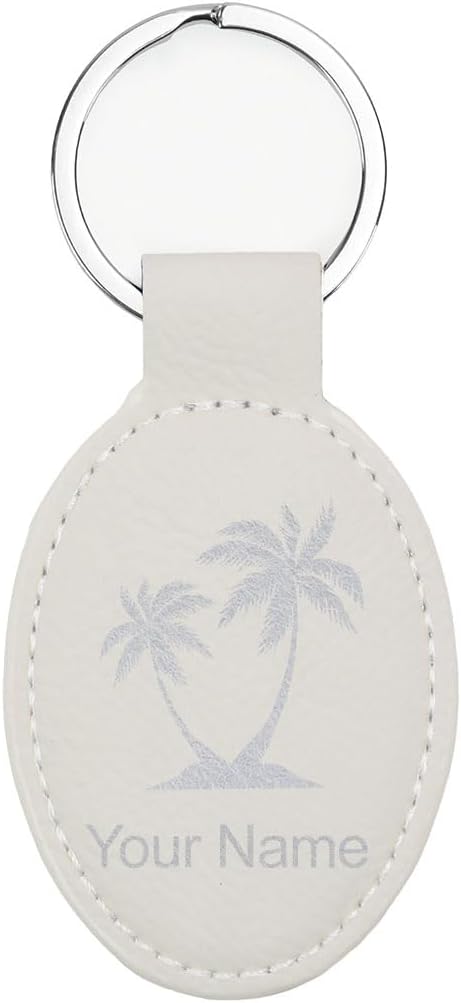 LaserGram Oval Keychain, Palm Trees, Personalized Engraving Included (White with Silver)