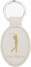 LaserGram Oval Keychain, Golfer Golfing, Personalized Engraving Included (White with Gold)