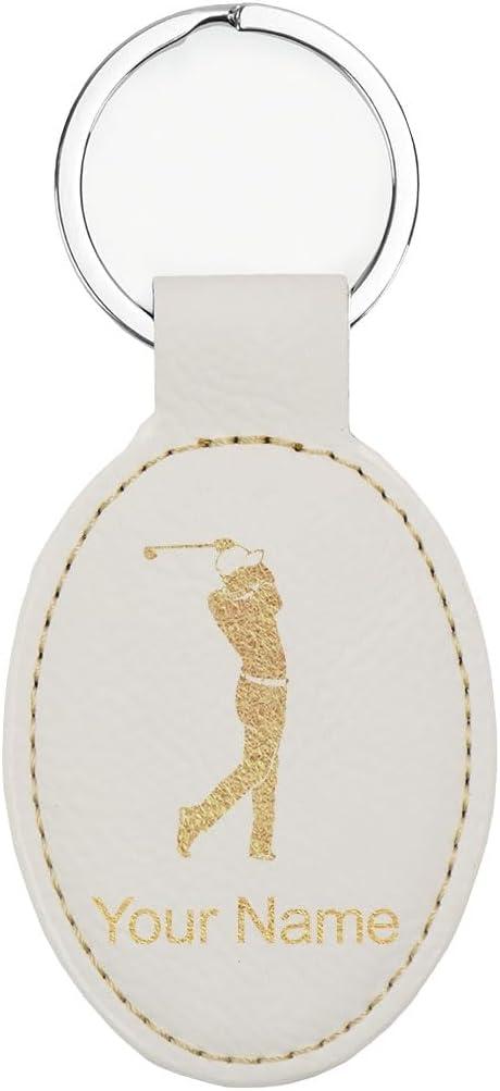 LaserGram Oval Keychain, Golfer Golfing, Personalized Engraving Included (White with Gold)