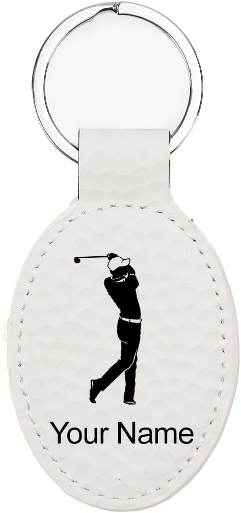 LaserGram Oval Keychain, Golfer Golfing, Personalized Engraving Included (Golf White)