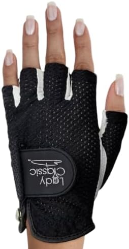 Mesh Half Golf Glove for Women – Premium Cabretta Leather Palm, Breathable Mesh Back, Half-Finger Design Ladies Golf Glove for Enhanced Grip & Comfort