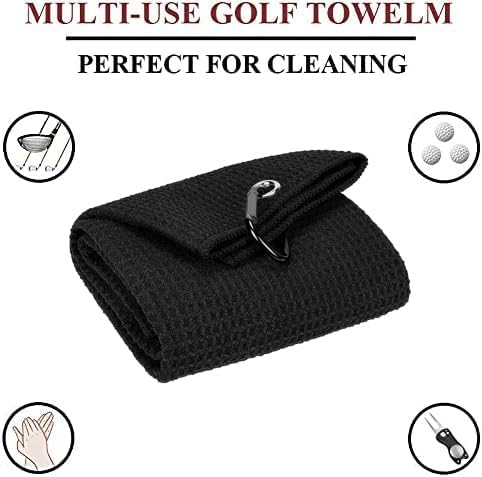 VIVIDLY 2 Pack 16" x 24" Tri-fold Golf Towels, Premium Microfiber Fabric Waffle Pattern with Black Heavy Duty Carabiner Clip, Golf Towels for Golf Bags for Men (Black)