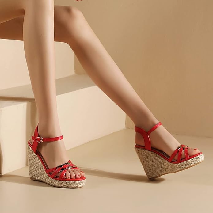VOKLIN Women's Casual Espadrilles Wedge Sandals Open Toe Ankle Strap Metallic Chunky Platform Dressy Sandal