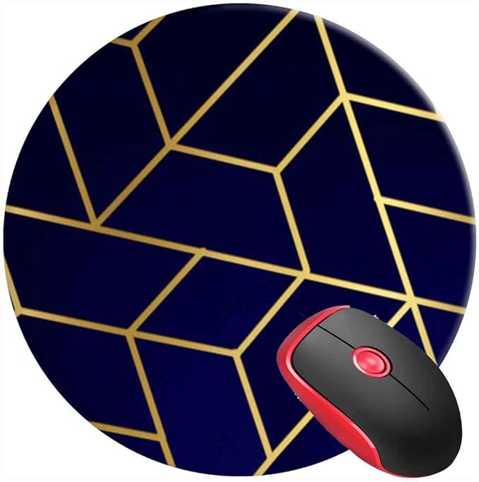 Mouse Pad Geometric Navy Blue Gold, Round Mousepad, Non-Slip Rubber Base Mouse Mat for Laptop and Computer