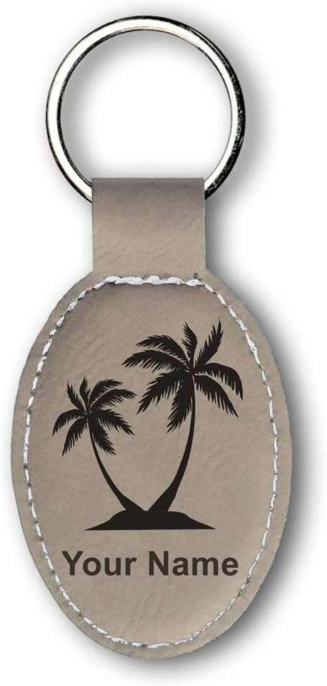 LaserGram Oval Keychain, Palm Trees, Personalized Engraving Included (Light Brown)