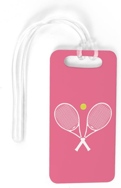 ChalkTalkSPORTS Tennis Luggage & Bag Tag | Crossed Tennis Rackets | Custom Info on Back | Small | Pink