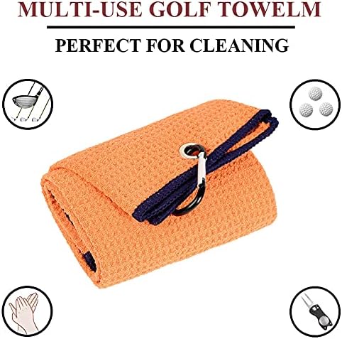 VIVIDLY 2 Pack Tri-fold Golf Towels, Premium Microfiber Fabric Waffle Pattern with Black Heavy Duty Carabiner Clip, Orange Golf Towels for Golf Bags for Men (Orange)