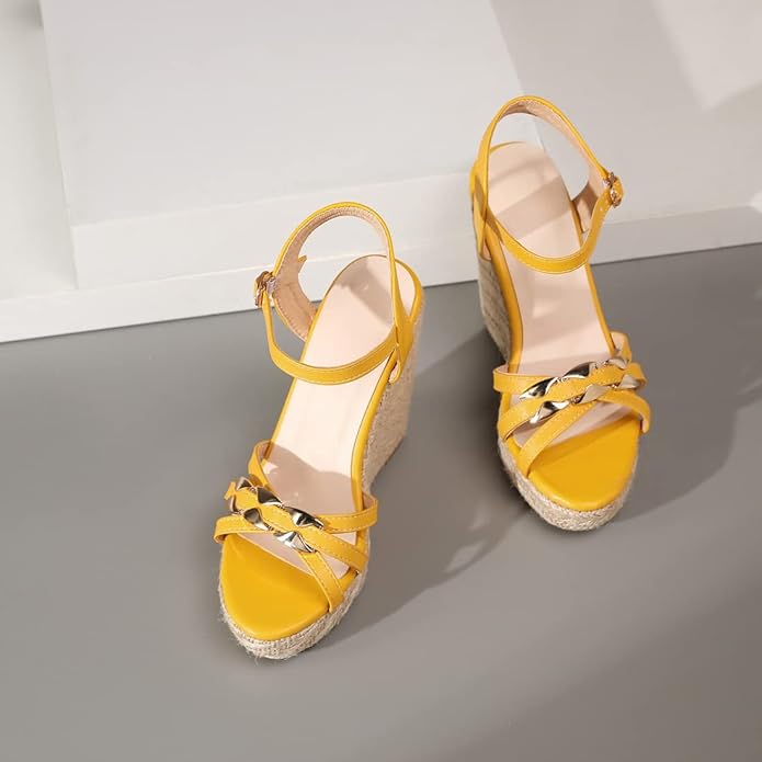 VOKLIN Women's Casual Espadrilles Wedge Sandals Open Toe Ankle Strap Metallic Chunky Platform Dressy Sandal