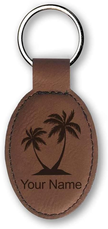 LaserGram Oval Keychain, Palm Trees, Personalized Engraving Included (Dark Brown)