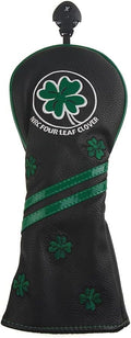 GOOACTION Golf Club Fairway Wood Head Cover with Green Lucky Four-Leaf Clover Creative Embroidery Pattern Synthetic Leather Black Golf Clubs Headcovers (2.3.4.5.7.X)