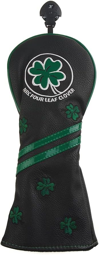 GOOACTION Golf Club Fairway Wood Head Cover with Green Lucky Four-Leaf Clover Creative Embroidery Pattern Synthetic Leather Black Golf Clubs Headcovers (2.3.4.5.7.X)