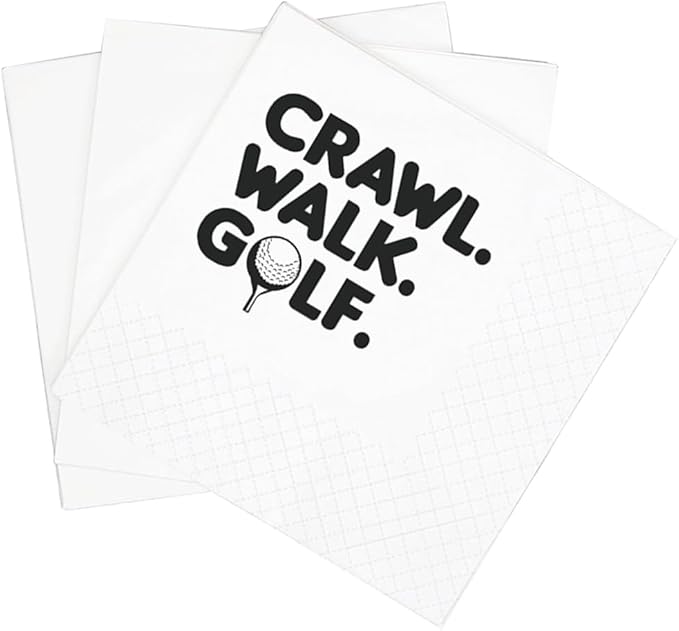 SharkBliss Funny Sarcastic Golf Quotes Cocktail Napkins, 100 Pack Crawl Walk Golf Kids Golf Disposable Paper Cocktail Napkins For Retirement Birthday Baby Shower Party 2-Ply, 5x5" (Crawl Walk Golf)