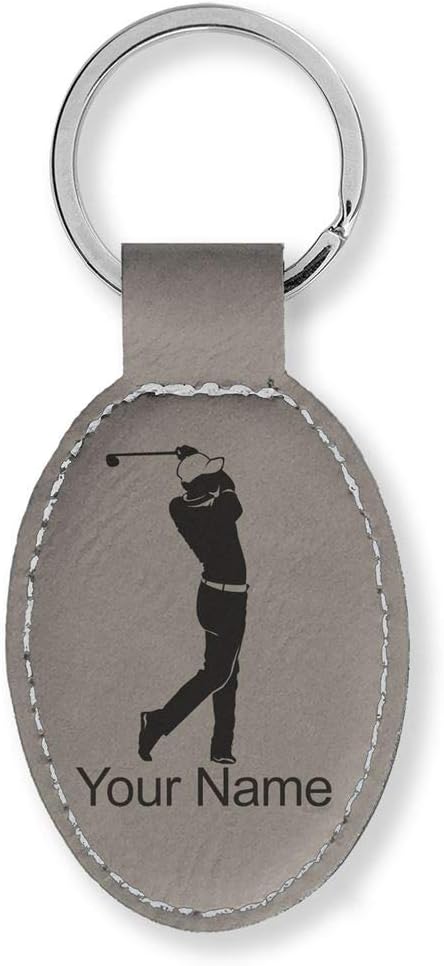 LaserGram Oval Keychain, Golfer Golfing, Personalized Engraving Included (Gray)