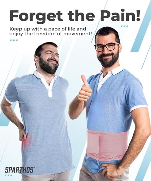 Sparthos Back Brace for Lower Back Pain - Immediate Relief from Sciatica, Herniated Disc, Scoliosis - Breathable + Lumbar Support Pad - For Men & Women - Fits 38–44″ Waist (Pink-M, Check Size Chart)
