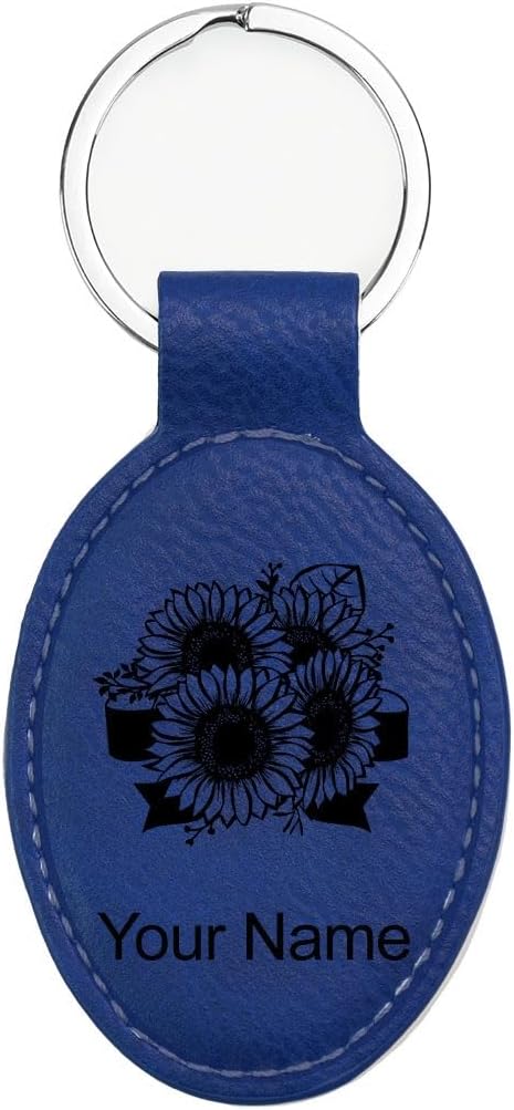 LaserGram Oval Keychain, Sunflowers, Personalized Engraving Included