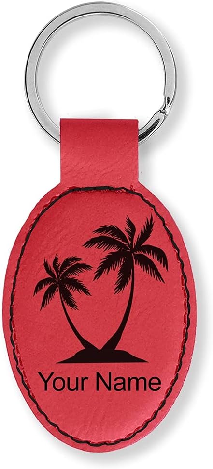 LaserGram Oval Keychain, Palm Trees, Personalized Engraving Included (Red)