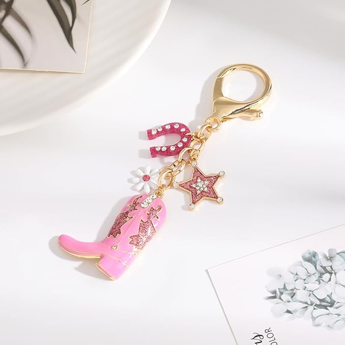 Madison Tyler Western Cowboy Boots Cherry Bow Bubble Tea Strawberry Cute Keychain | Bag Charms for Handbags Purse Charms