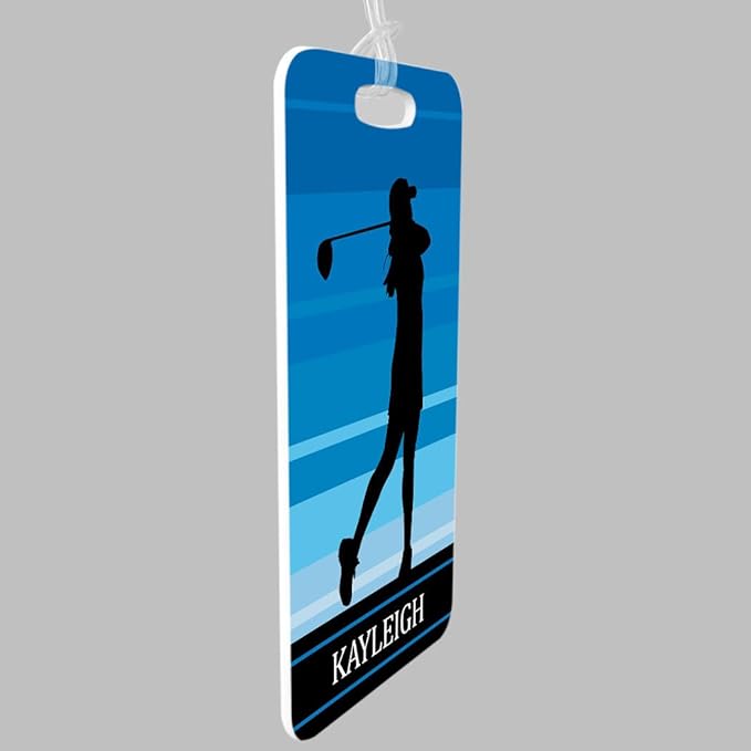 ChalkTalkSPORTS Golf Luggage & Bag Tag | Personalized Female Golfer | Standard Lines on Back | Small | Blue
