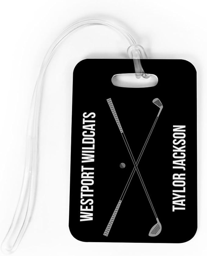ChalkTalkSPORTS Golf Luggage & Bag Tag | Personalized Crossed Golf Clubs | Standard Lines on Back | Medium | Black/Gray