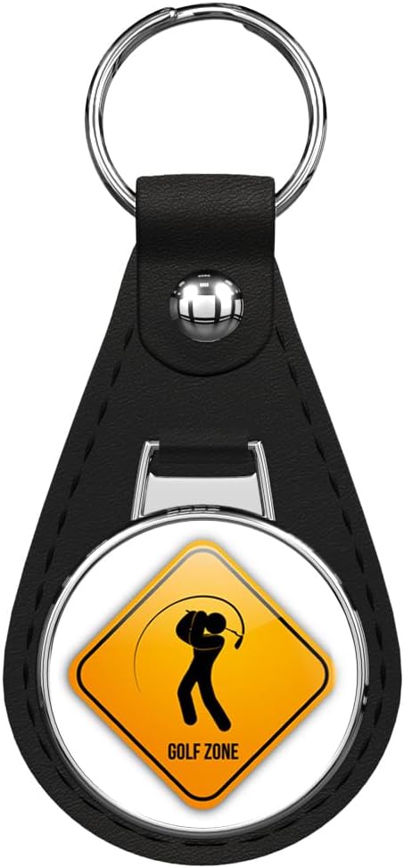 Golf Zone Sign Black Leather Key Chain Keychain Silver Ring