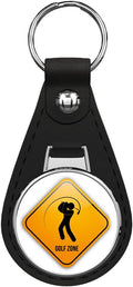 Golf Zone Sign Black Leather Key Chain Keychain Silver Ring