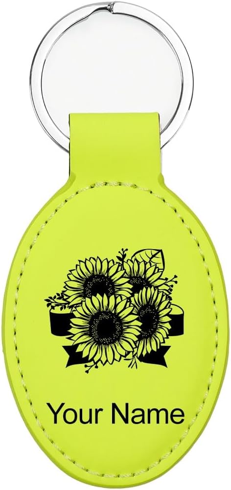 LaserGram Oval Keychain, Sunflowers, Personalized Engraving Included
