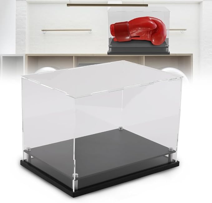 G-PLUS Boxing Glove Display Case,Fit for Full Size Boxing Glove and Baseball Glove Display Case Holder Showcase,Tennis Ball,Golf Ball,Helmet and More,Clear Case Black Base Riser Stand