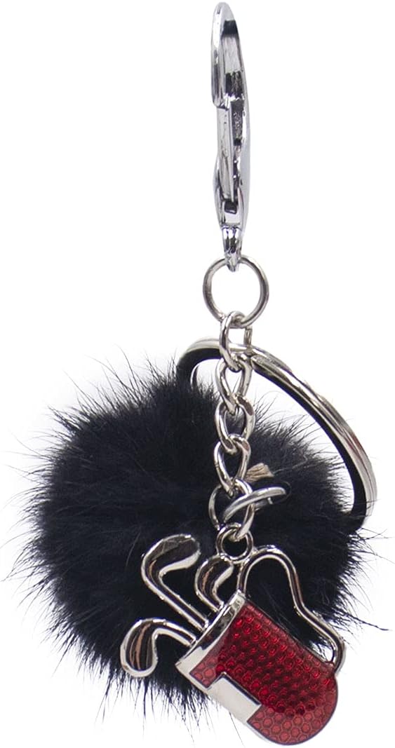 surell Golf Clubs in Bag Keychain with Mink Fur Pom - Sports Key Chain Golf Charm - For Keys, Belt, Purse, Bag and More