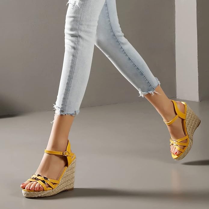 VOKLIN Women's Casual Espadrilles Wedge Sandals Open Toe Ankle Strap Metallic Chunky Platform Dressy Sandal