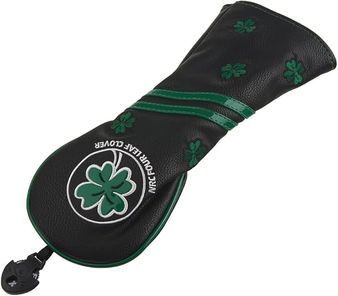 GOOACTION Golf Club Fairway Wood Head Cover with Green Lucky Four-Leaf Clover Creative Embroidery Pattern Synthetic Leather Black Golf Clubs Headcovers (2.3.4.5.7.X)