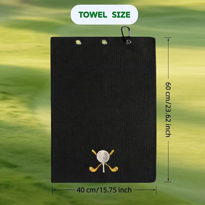 Black 16x24 Inch Waffle Microfiber Golf Towel with Clip, Funny Personalized Design, Tri-Fold for Easy Carry, Includes Waterproof Cleaning Pouch for Golf Balls and Clubs, Ideal Golfing Gifts for Men
