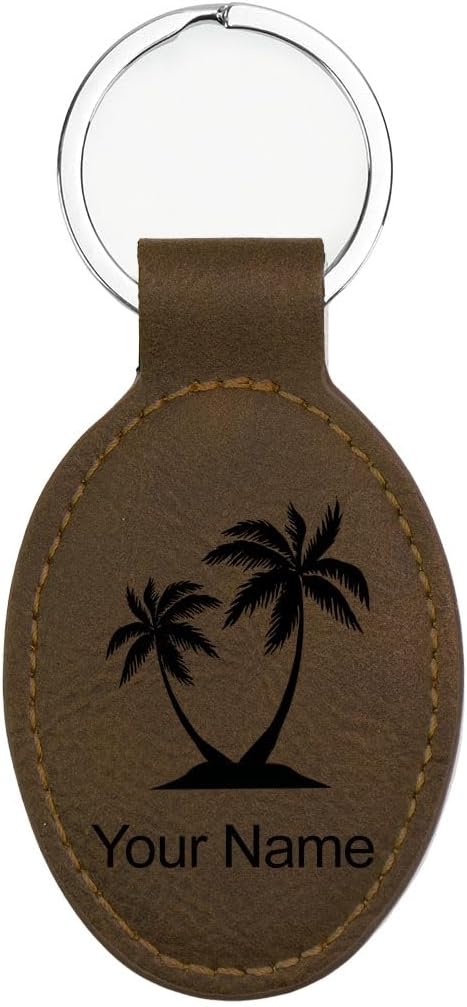LaserGram Oval Keychain, Palm Trees, Personalized Engraving Included (Chocolate Brown)