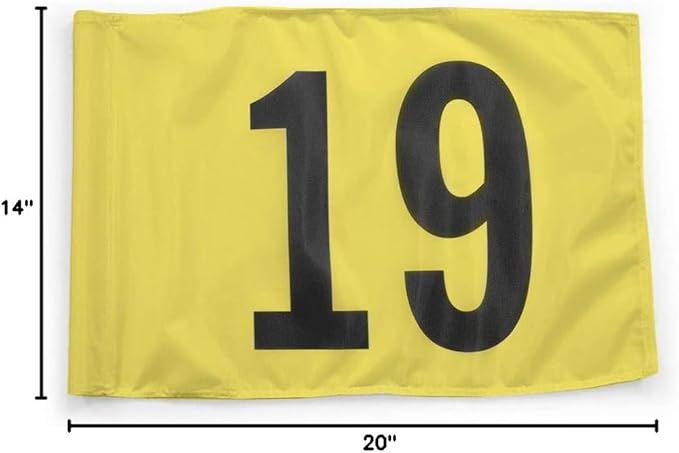 Vispronet Numbered Golf Flags for Putting Green – 20in x 14in Yellow & Black Flags Numbered 19, Golf Range Accessories for Courses, Outdoor Hole Flag, Durable Polyester Material