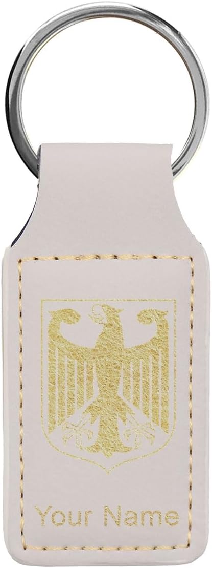 LaserGram Rectangle Keychain, Coat of Arms Germany, Personalized Engraving Included (White with Gold)