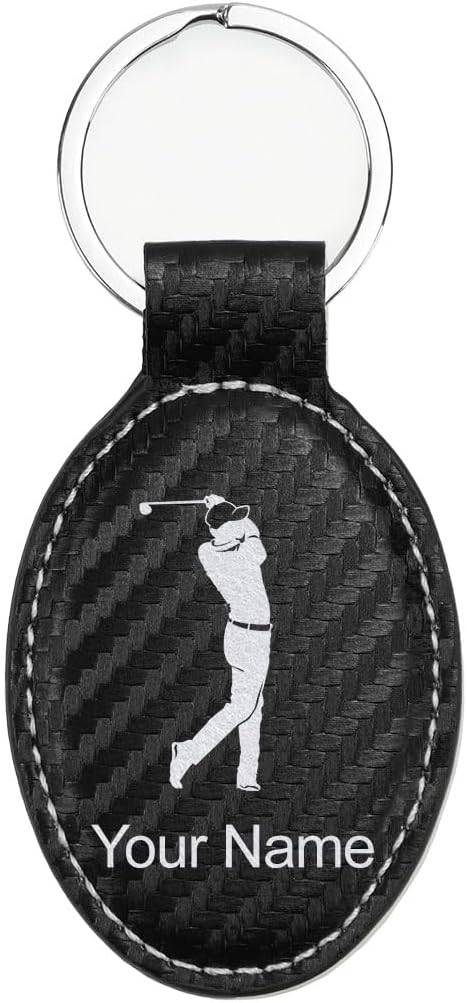 LaserGram Oval Keychain, Golfer Golfing, Personalized Engraving Included (Carbon Fiber Black with Silver)