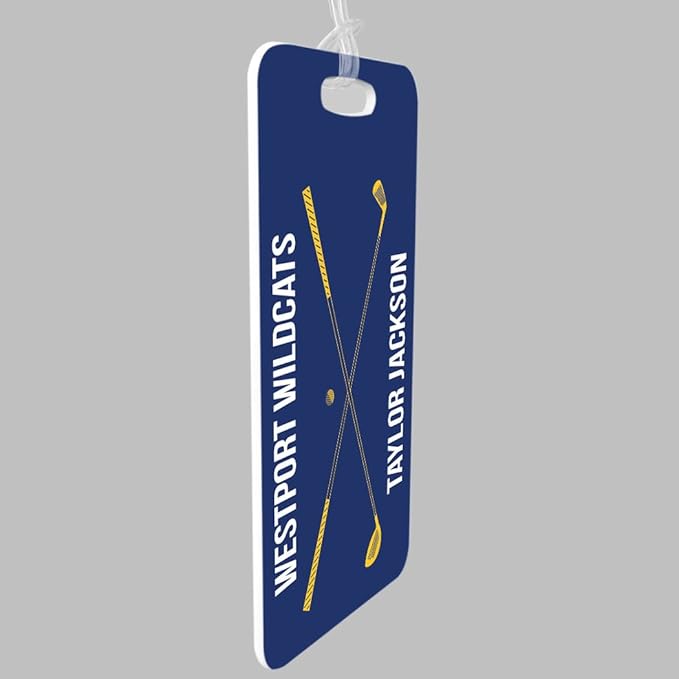 ChalkTalkSPORTS Golf Luggage & Bag Tag | Personalized Crossed Golf Clubs | Standard Lines on Back | Large | Navy/Gold