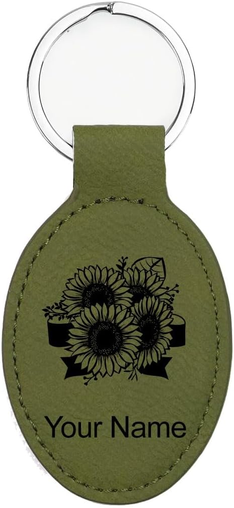 LaserGram Oval Keychain, Sunflowers, Personalized Engraving Included