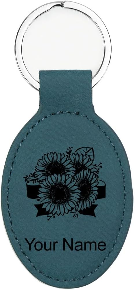 LaserGram Oval Keychain, Sunflowers, Personalized Engraving Included