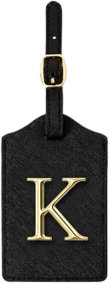 Personalized Initial Letter Luggage Tag for Suitcases PU Leather Baggage ID Tag with Metal Alphabet,Travel Accessory for Backpacks, Bags and Gift for Travelers (Black/Gold-Letter, K)
