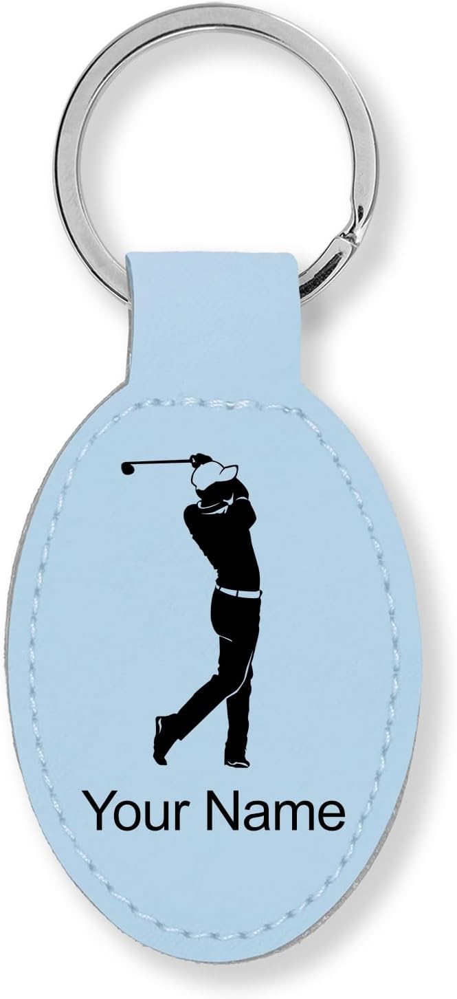 LaserGram Oval Keychain, Golfer Golfing, Personalized Engraving Included (Light Blue)