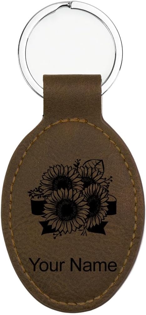 LaserGram Oval Keychain, Sunflowers, Personalized Engraving Included